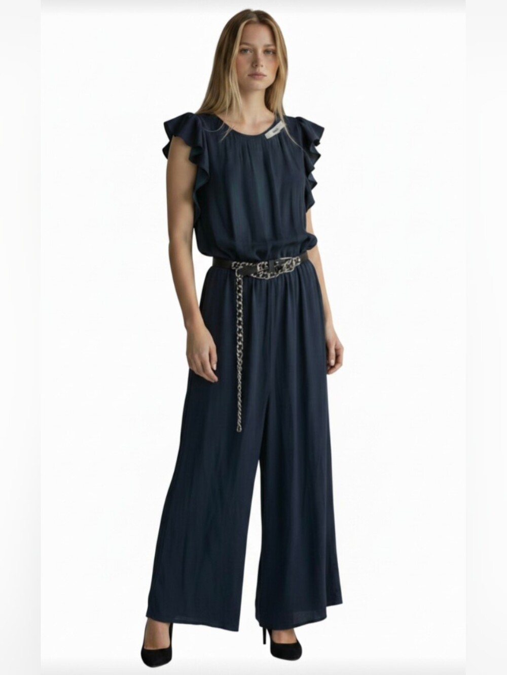 LOFT Navy Ruffle-Sleeve Wide-Leg Jumpsuit